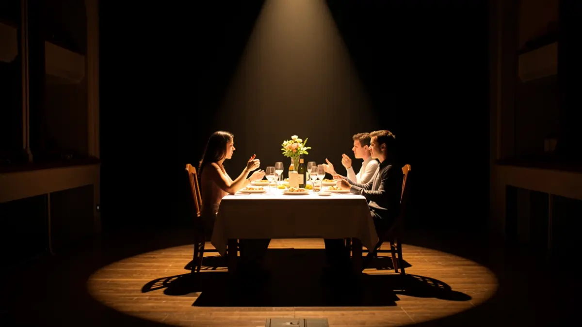Imatge genèrica d'un escenari de teatre amb una taula preparada per a un dinar familiar.