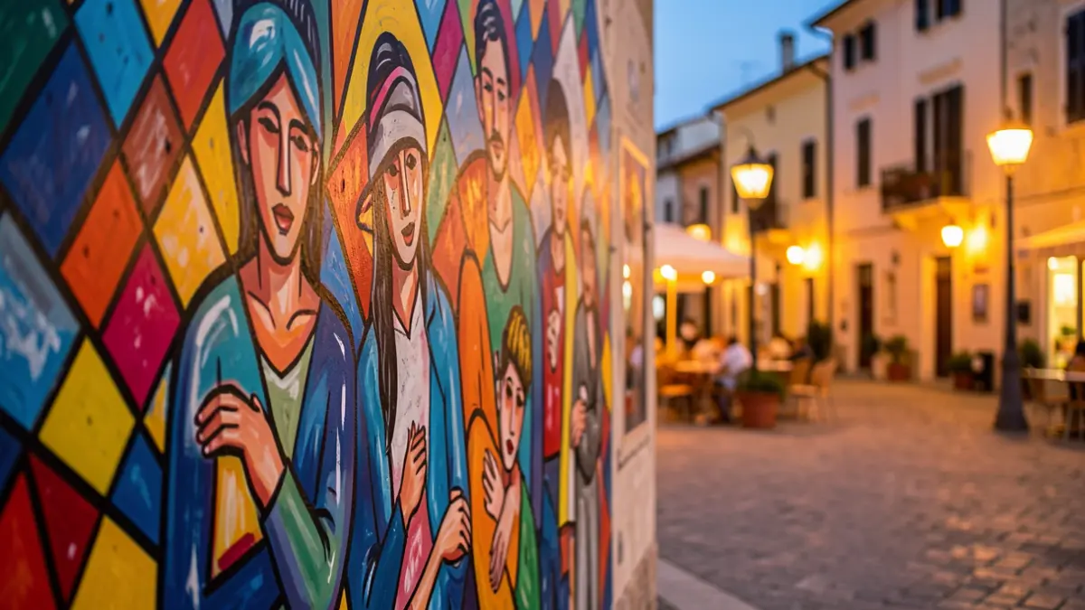 Imagen genérica de un mural de arte urbano en una plaza al atardecer.