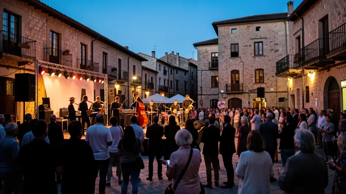 Imagen genérica de un festival de jazz en la plaza de un pueblo catalán al atardecer.