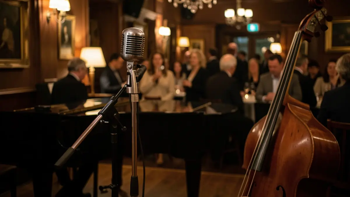 Generic image of a jazz club with musical instruments.