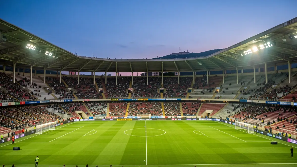Imatge genèrica d'un estadi de futbol buit al capvespre.