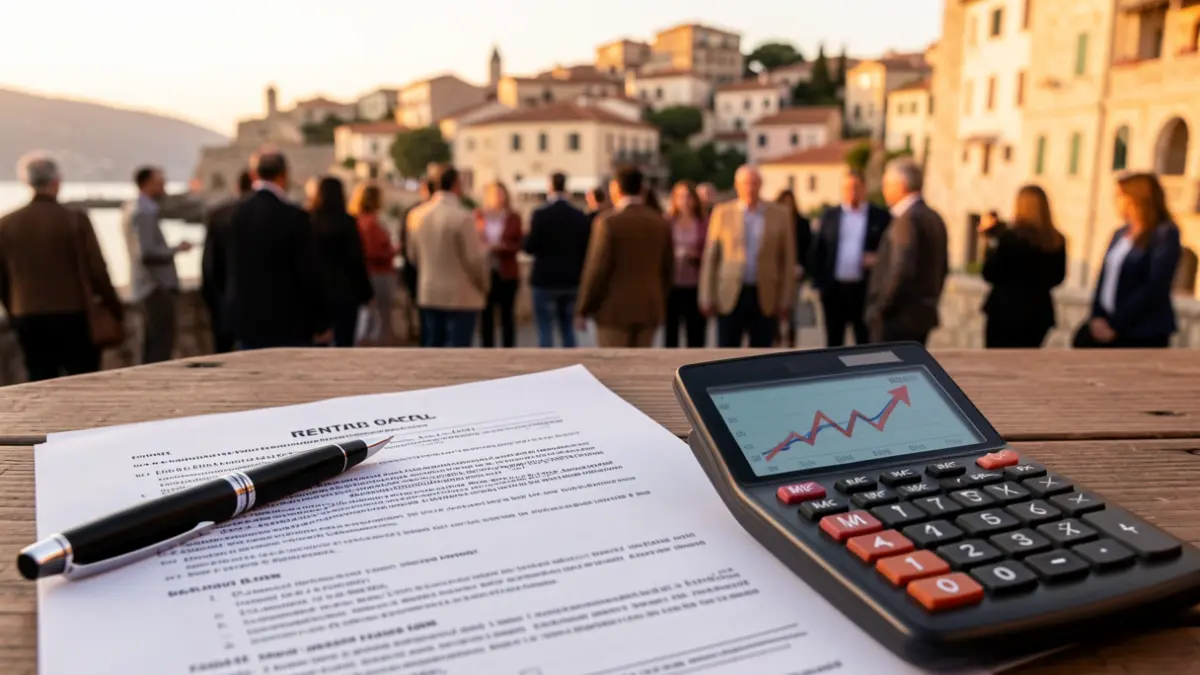 Imatge genèrica de document de lloguer amb calculadora i paisatge urbà.