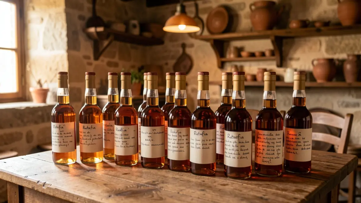 Bottles of artisanal ratafia on a wooden table in a rural setting.