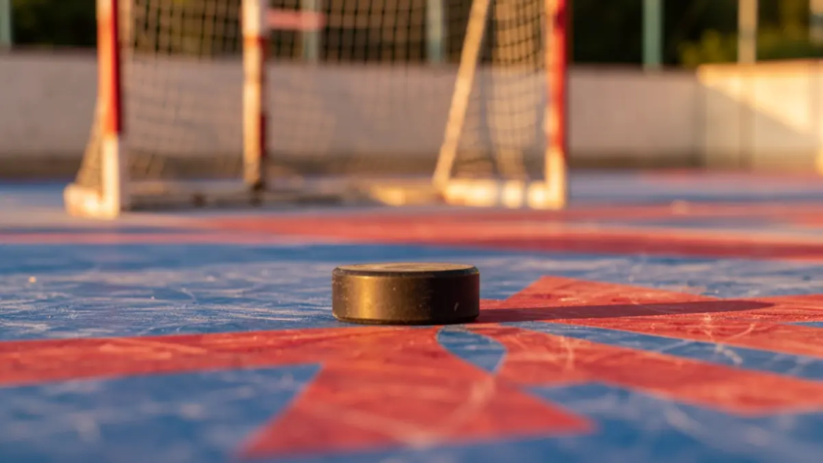 Primer pla d'un disc d'hoquei patins sobre una pista amb els colors del Martinelia Manlleu.