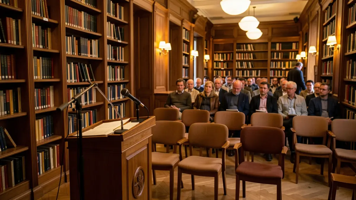 Interior d'una sala d'actes amb micròfon i prestatgeries, ambient de presentació cultural.