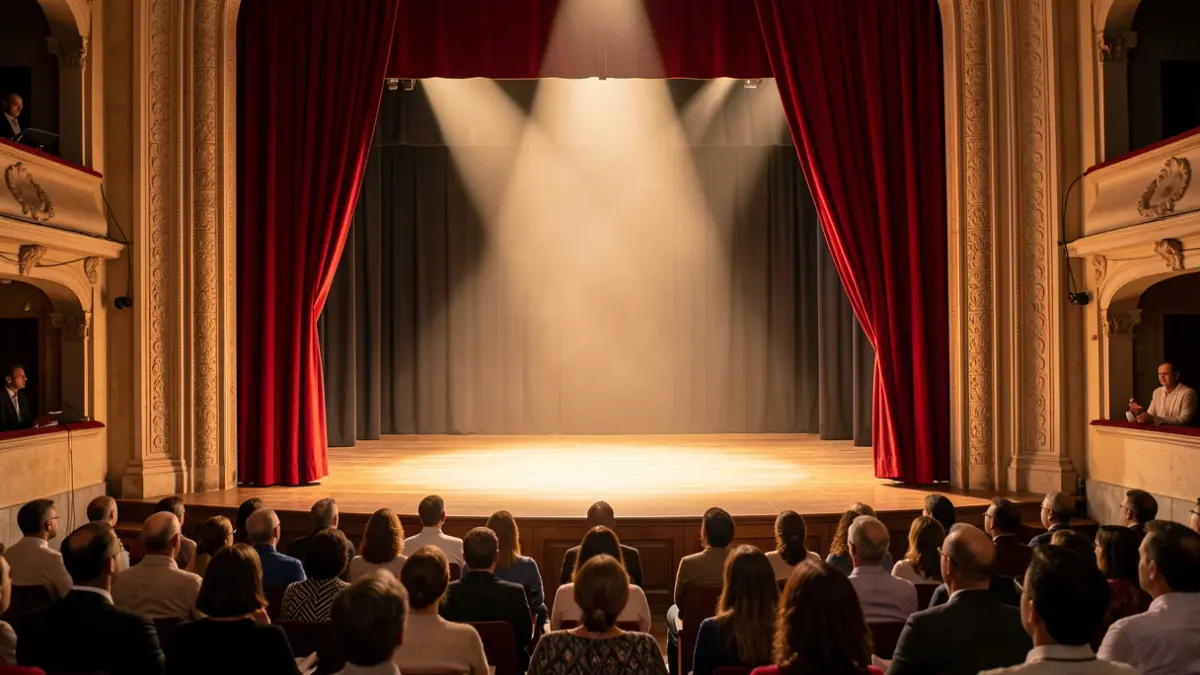 Imagen genérica de un escenario de teatro con cortinas y un foco.