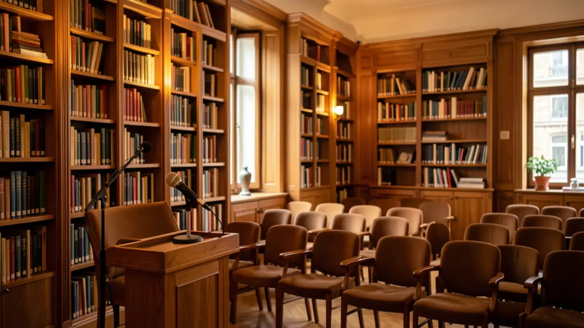 Imatge genèrica d'una sala de conferències amb micròfon i cadires buides.
