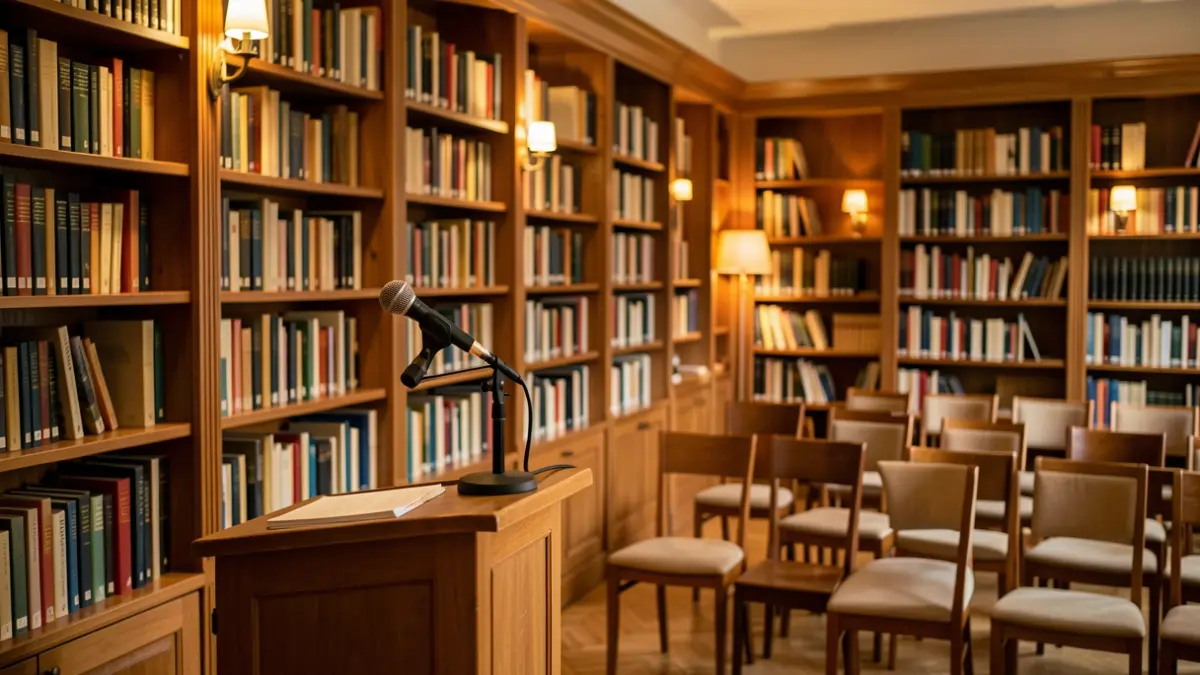 Imatge genèrica d'una sala de conferències amb micròfon i cadires.