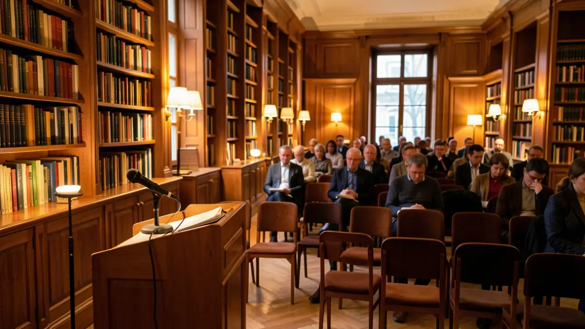 Interior d'una sala d'actes amb micròfon i cadires, preparat per a una conferència cultural.