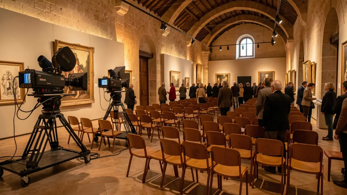 Sala de exposiciones de un museo con equipo de proyección y sillas vacías.
