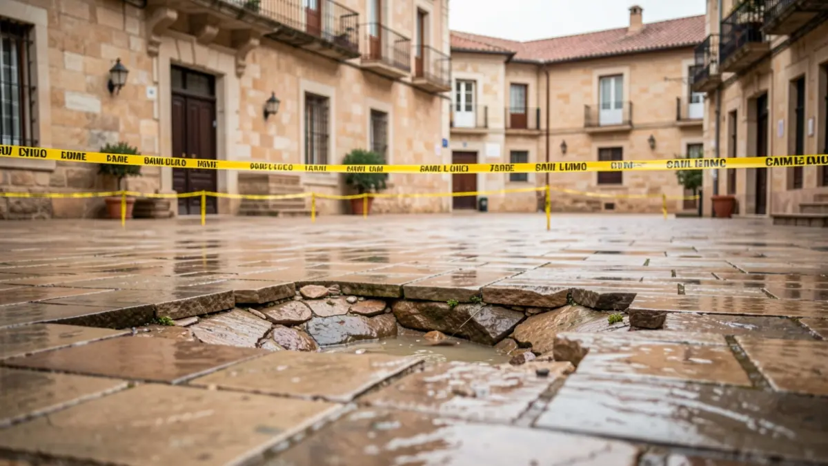 Section of a stone-paved courtyard in Cambrils showing a ground subsidence after rain, cordoned off with safety tape.