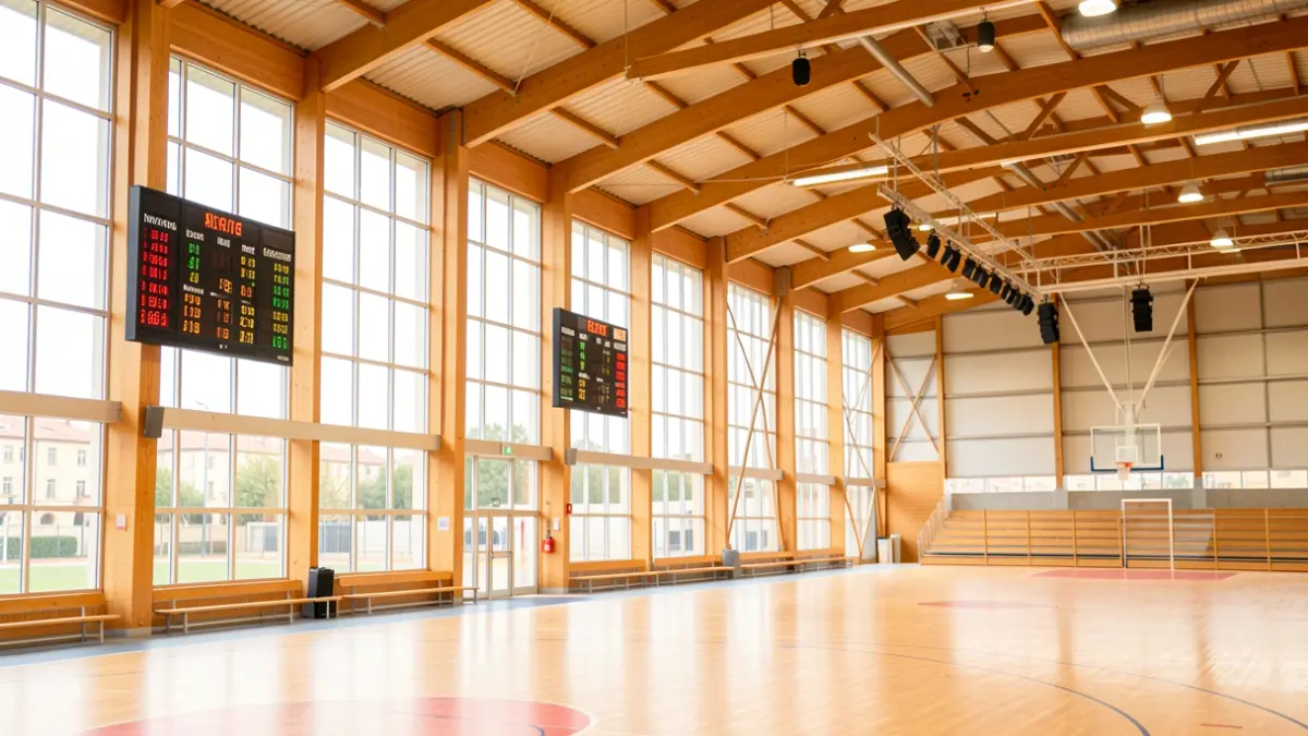 Interior renovat del Pavelló Poliesportiu Municipal del Perelló amb nous marcadors i tancaments.