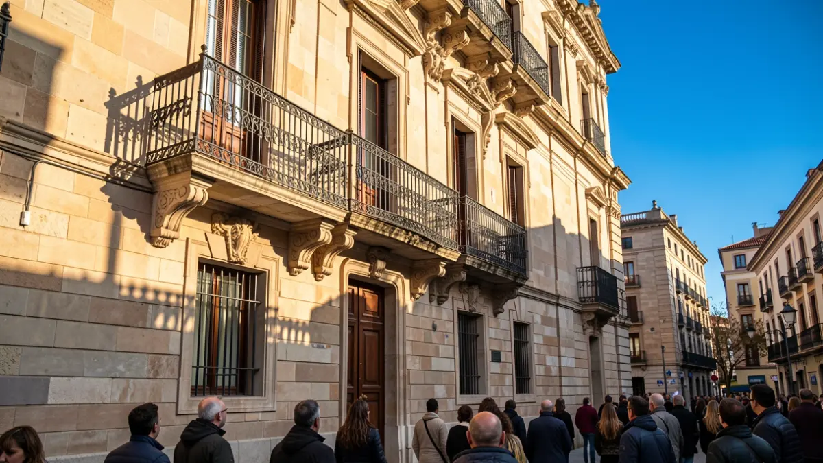 Imagen genérica de la fachada de un ayuntamiento de Catalunya con balcón y barandillas de hierro, luz cálida de tarde y cielo azul.