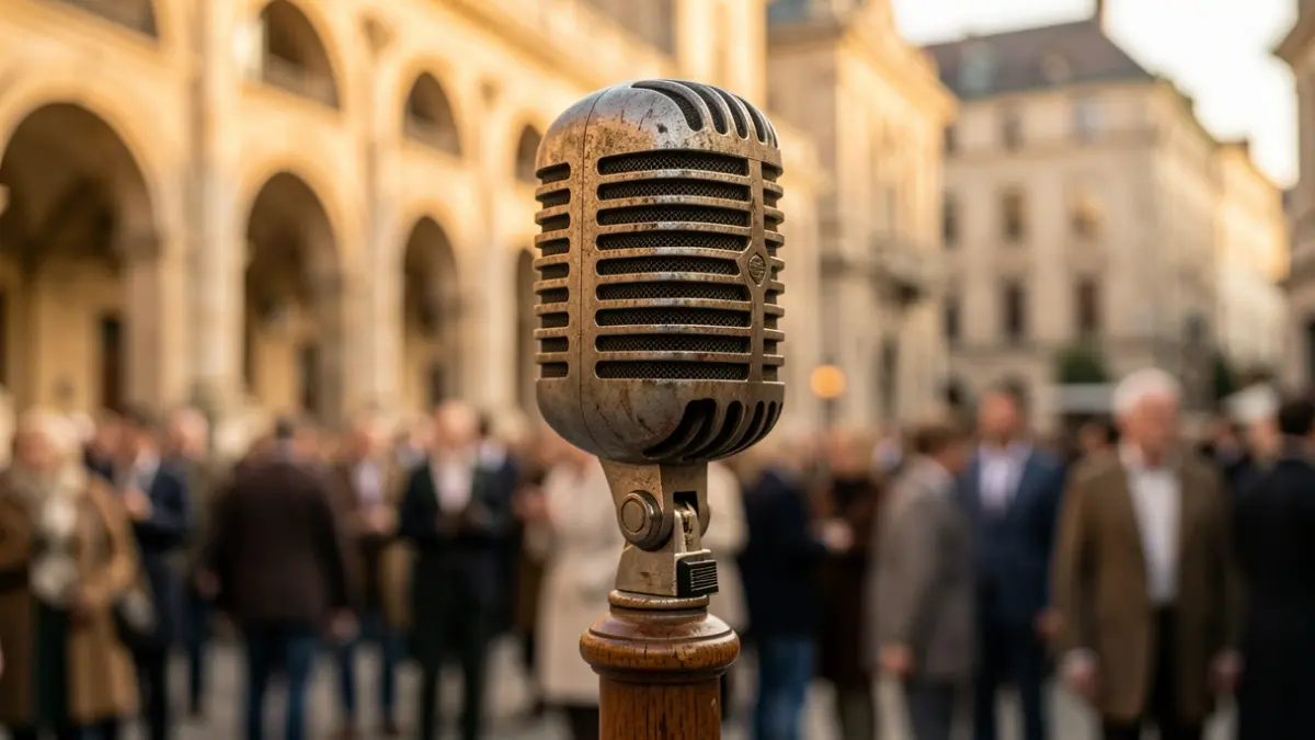 Generic image of an old microphone in front of historical architecture.