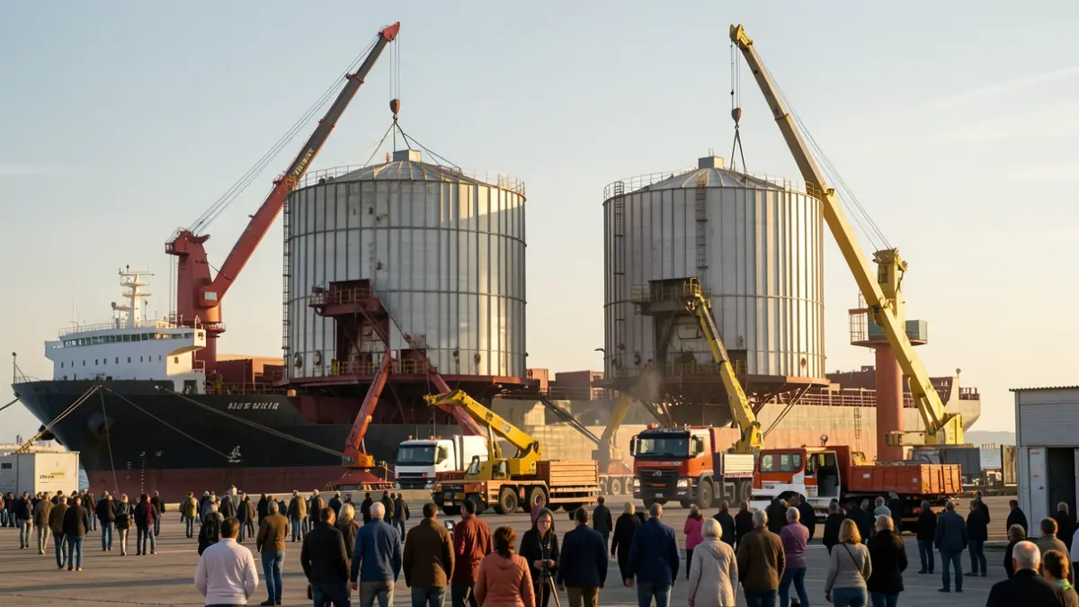 Two large industrial silos being loaded onto a ship at the Port of Tarragona.