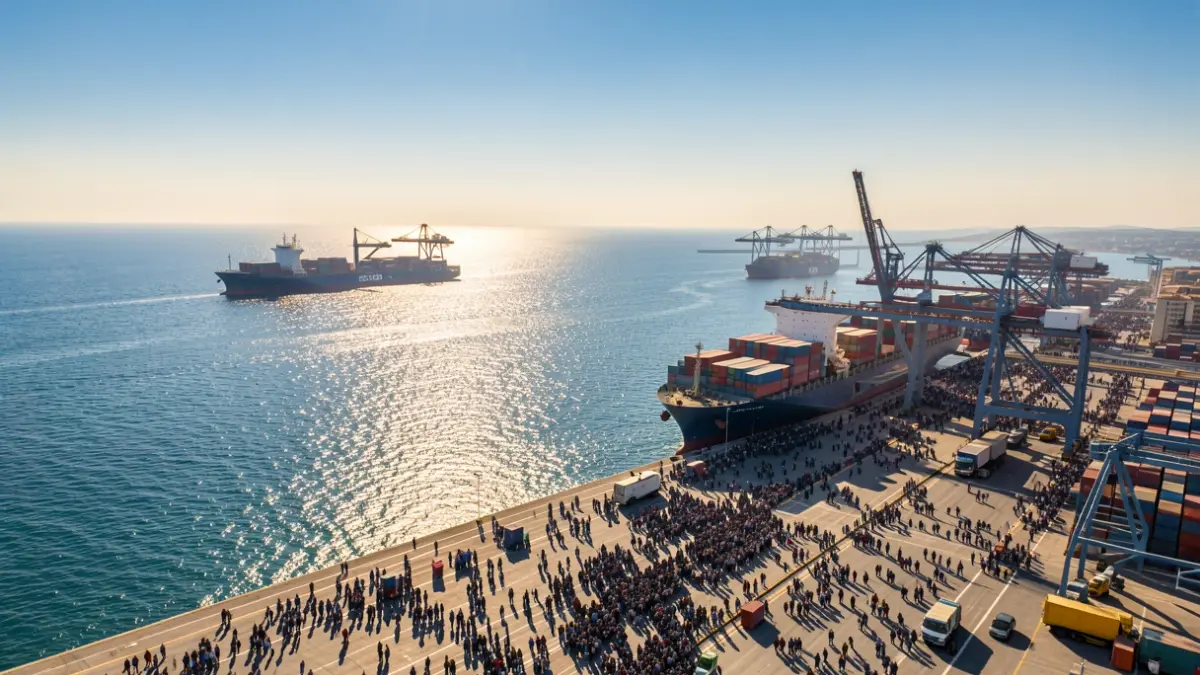 Imatge genèrica de l'activitat en un port comercial amb vaixells de càrrega.