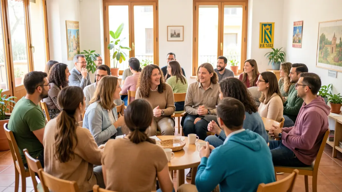 Diverse group of people conversing in a community center in Catalonia.
