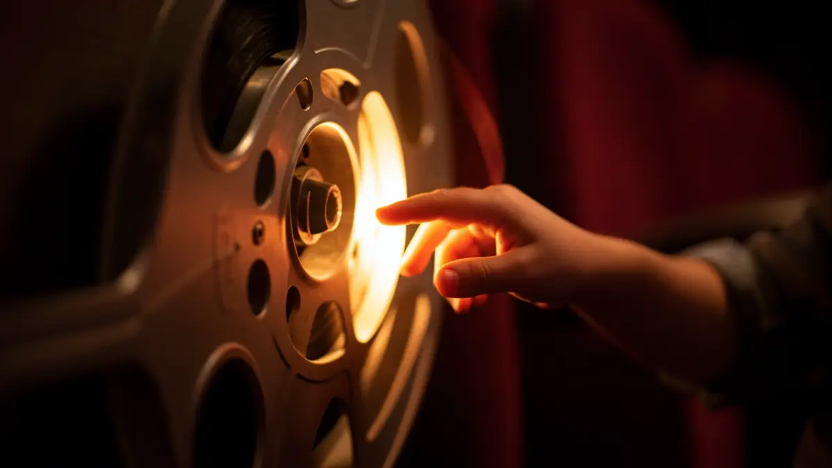 Una mano infantil cogiendo un rollo de película en un cine.