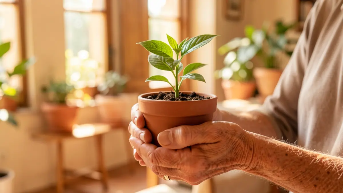 Manos mayores sosteniendo una planta en maceta.