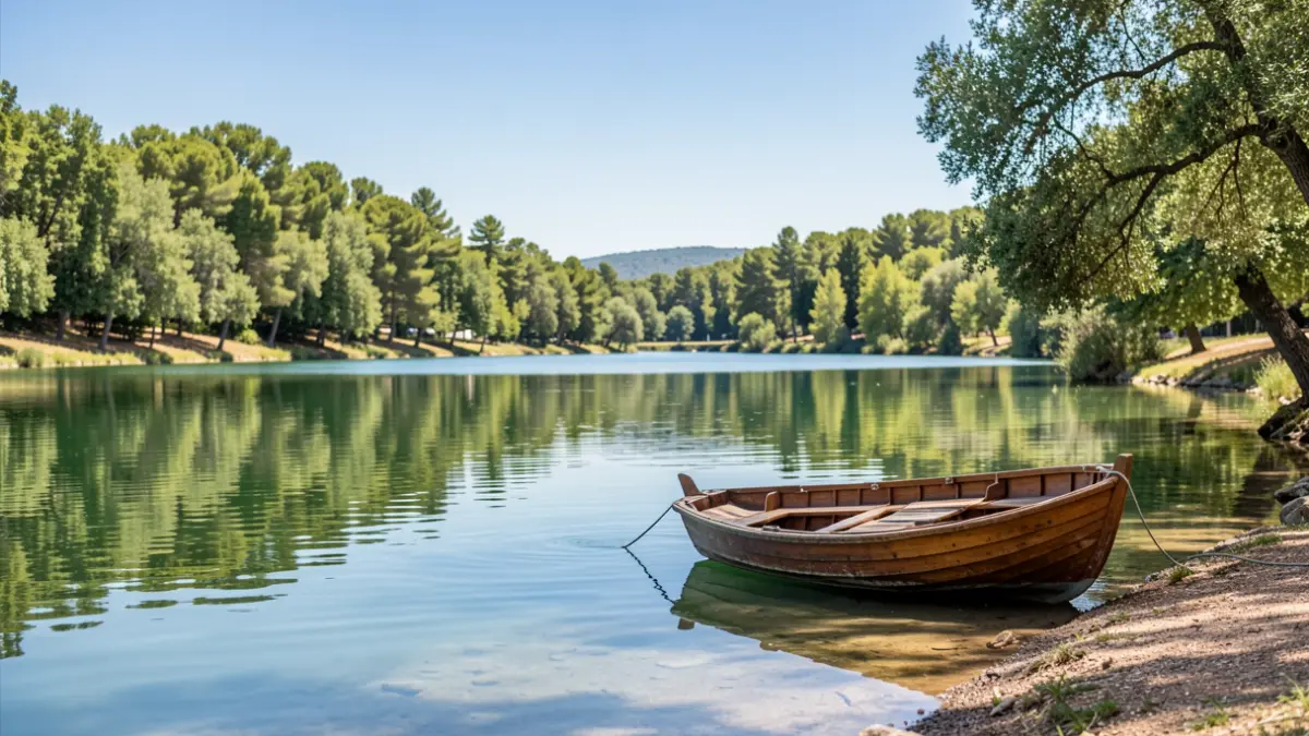 Vista serena del Estany de Banyoles con una barca tradicional en el agua.