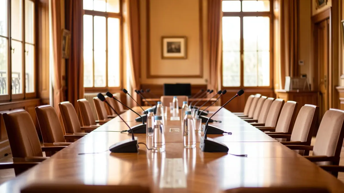Sala de reunión institucional con micrófonos y sillas.