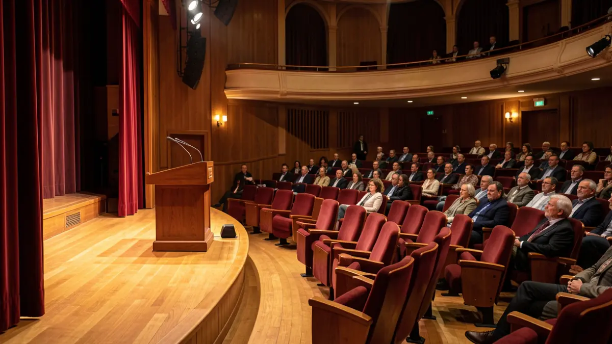 Generic image of an empty auditorium set up for a conference.