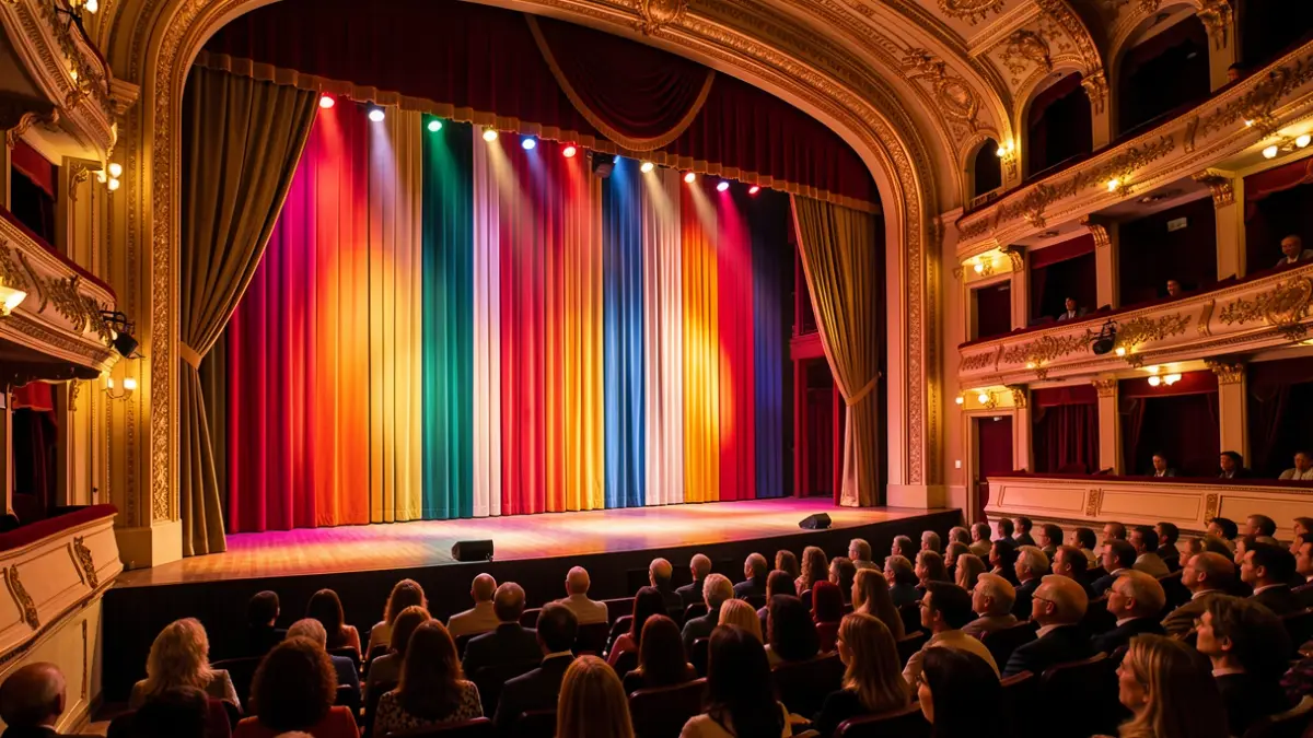 Generic image of a theatre stage with curtains and lights.