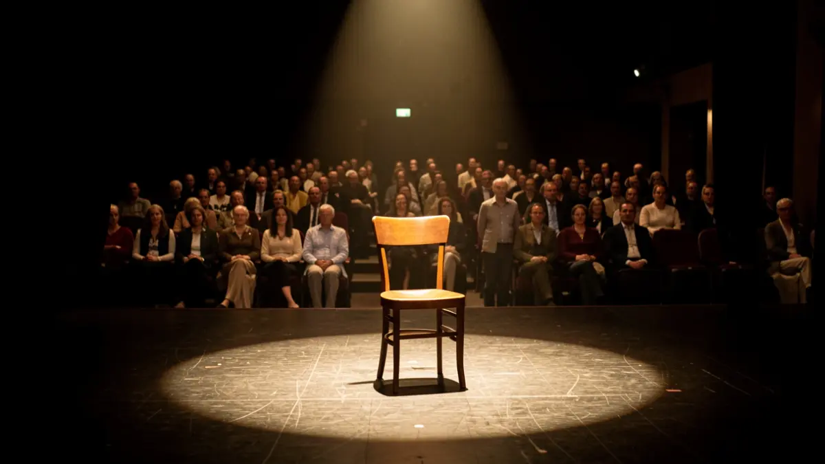Escena d'un teatre amb una cadira il·luminada per un focus.