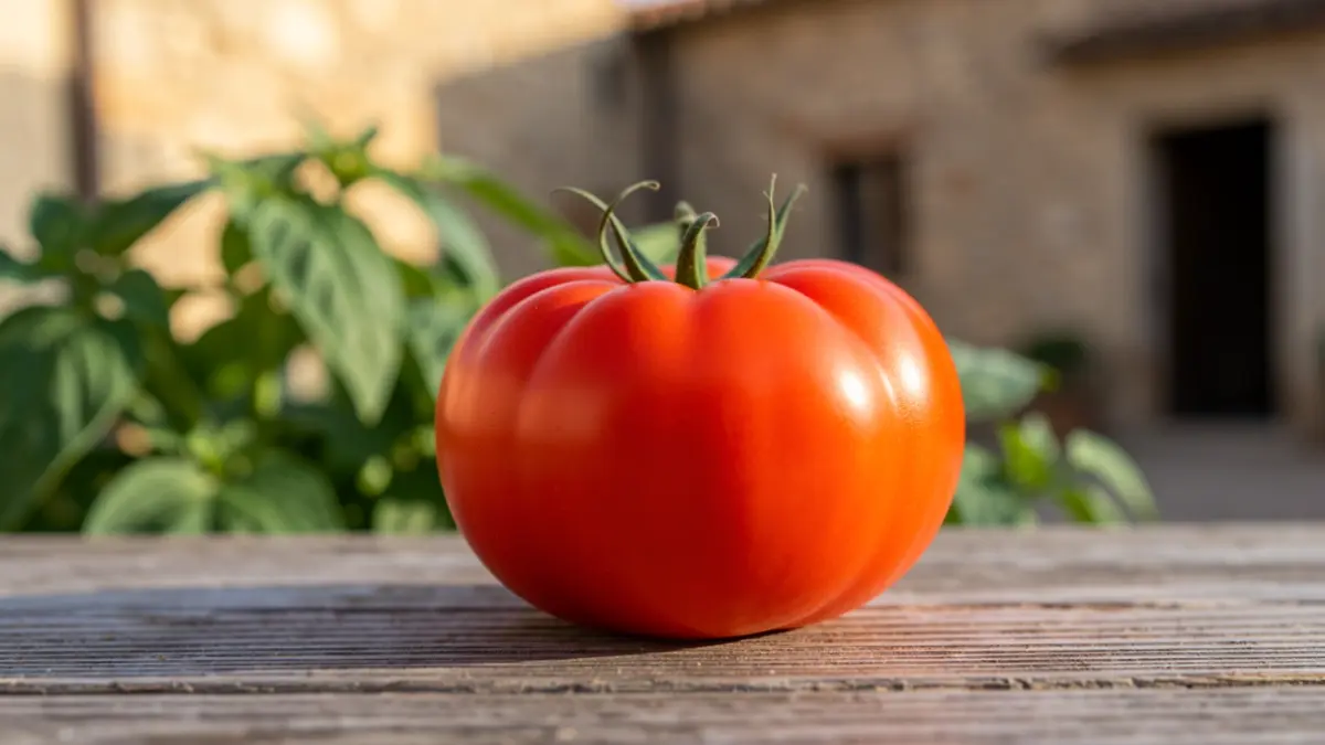 Mandó de Collserola tomato on a rustic wooden surface.