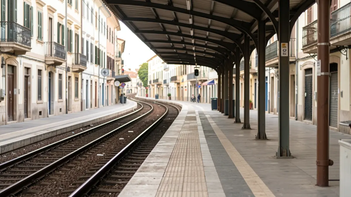 Generic image of an empty tram station with tracks in the background.