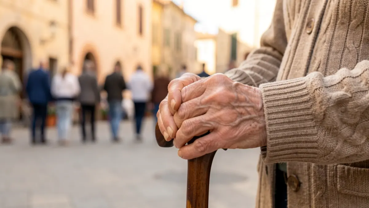 Elderly person's hands holding a walking stick, with a Mediterranean urban environment in the background.