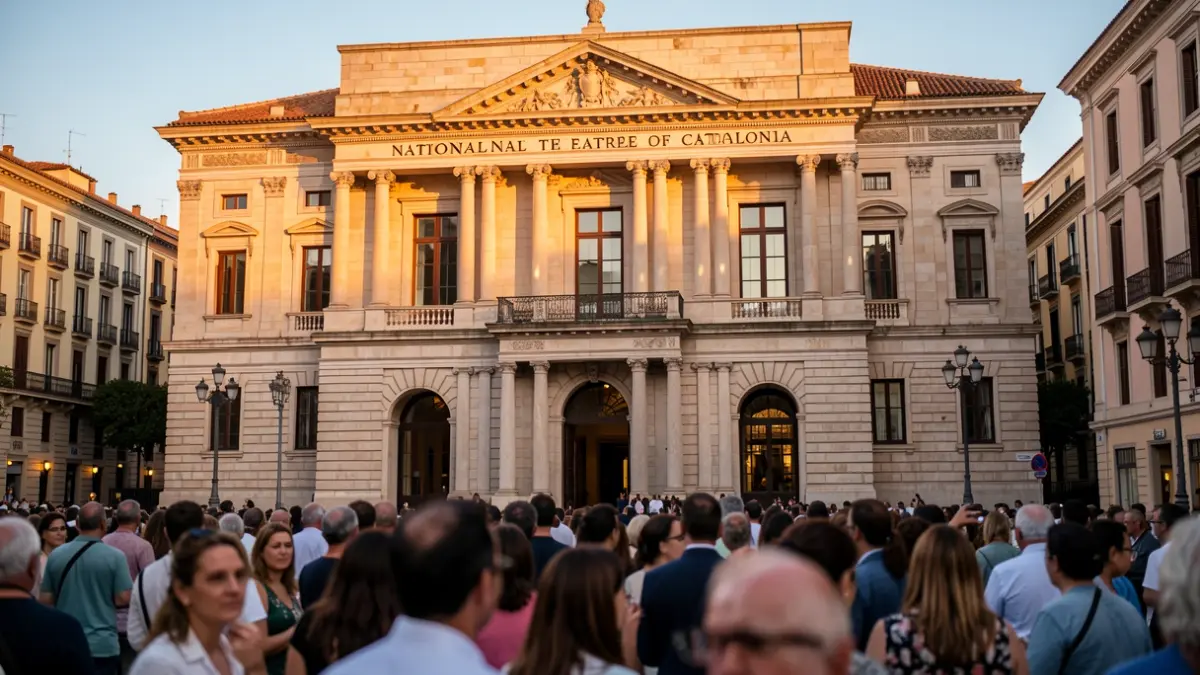 Facade of the National Theatre of Catalonia in Barcelona during a nighttime event.