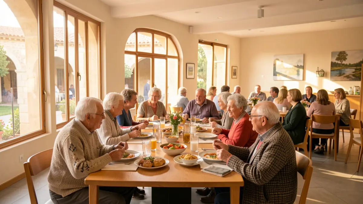Elderly people sharing a meal in a community dining room in Gironella.