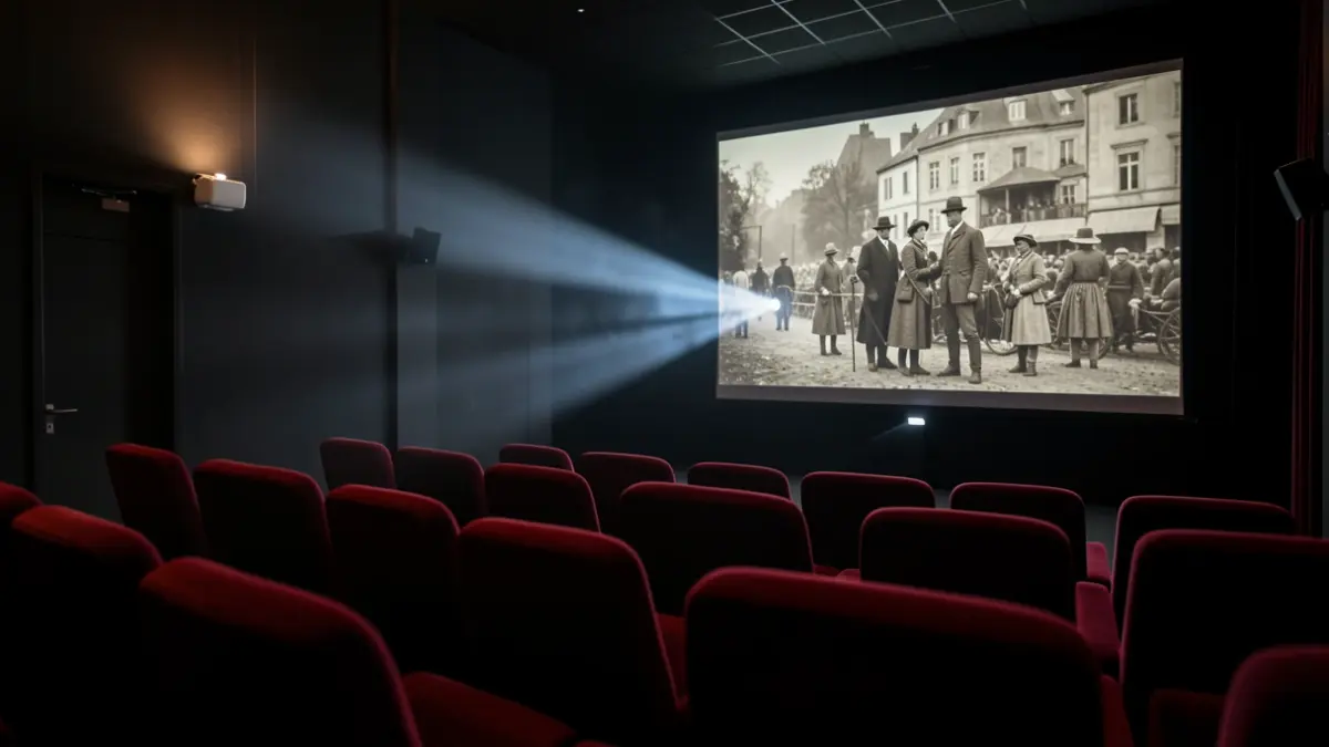 Interior de un cine con una proyección histórica.