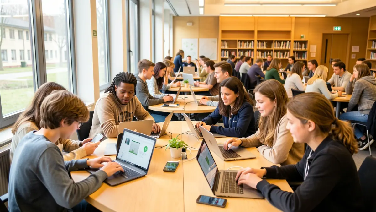 Imagen genérica de jóvenes estudiantes creando contenido digital sobre sostenibilidad.