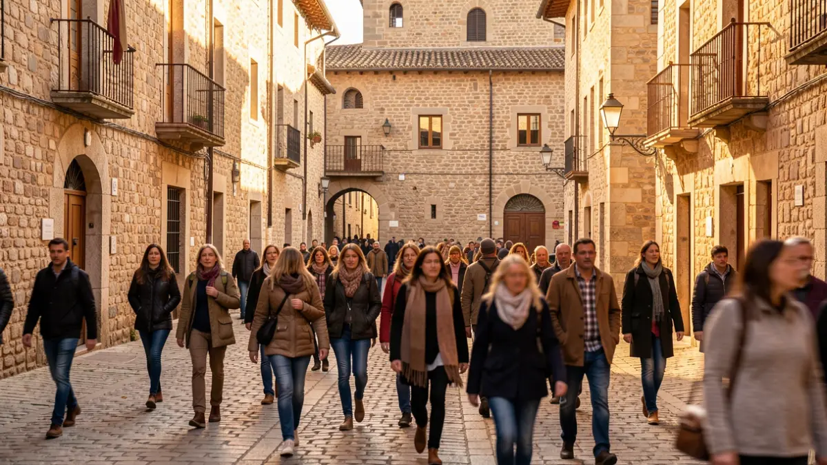 Group of people on an autumn excursion through a Catalan medieval town.