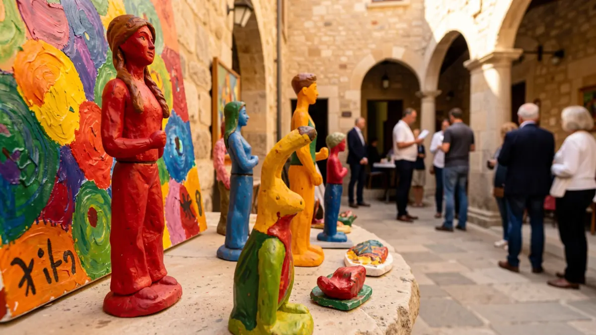 Exposició d'escultures de fang i pintures amb textures diverses en un pati amb arquitectura de pedra.