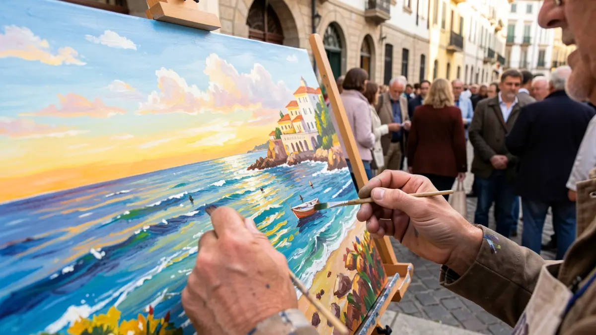 Dos manos pintando un paisaje marino inspirado en Sitges con colores vivos.