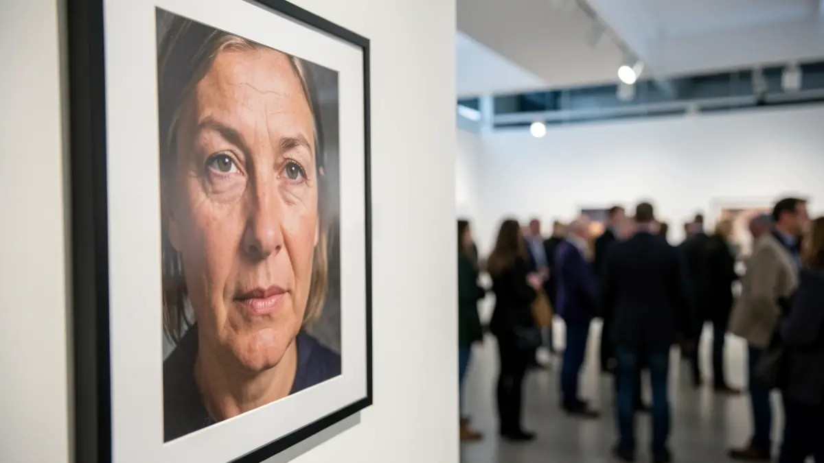Fotografía de un retrato expuesto en una galería de arte.