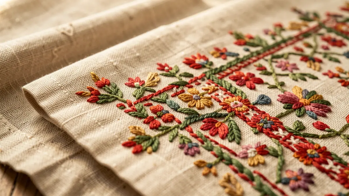 Detalle de bordados tradicionales catalanes sobre sábanas y manteles antiguos.