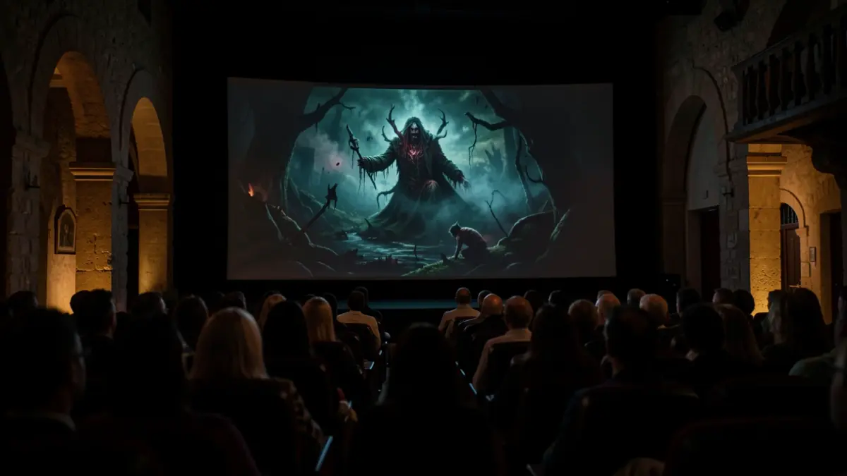 Pantalla de cinema il·luminada amb imatges de fantasia i terror.