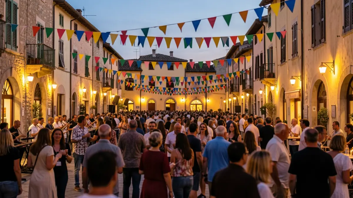 Imatge genèrica d'una festa popular al vespre amb gent i llums.