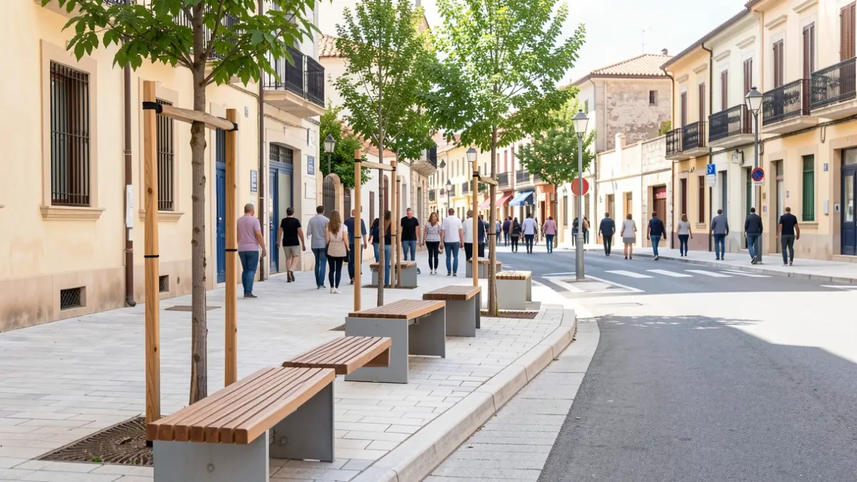 New seating area in front of Escola Mitja Costa with benches and trees.