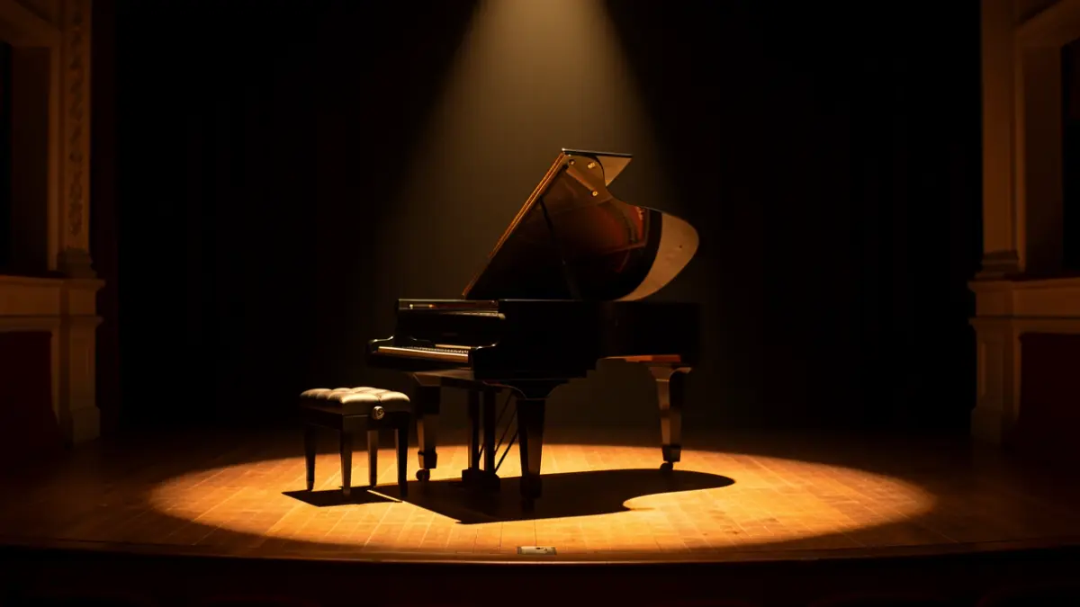 Piano illuminated by a spotlight on an empty stage.