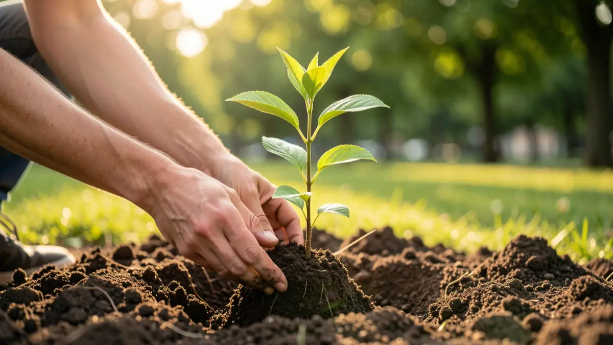 Mans plantant un arbre jove en un entorn urbà.