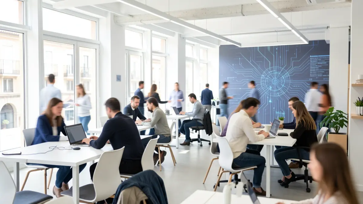 Coworking space in Lleida with people working on digital projects using artificial intelligence.