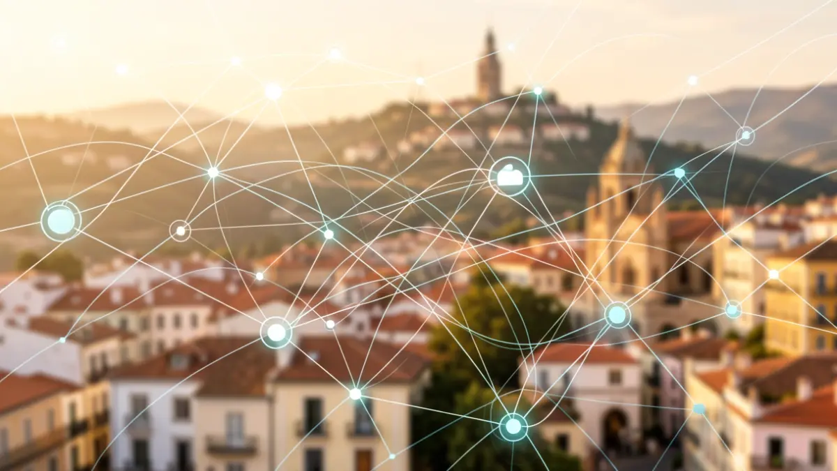 Generic image of digital transformation with abstract elements and a touch of Catalan landscape.