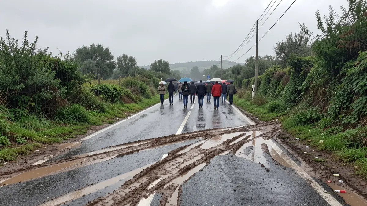 Generic image of a road affected by rain and mud.