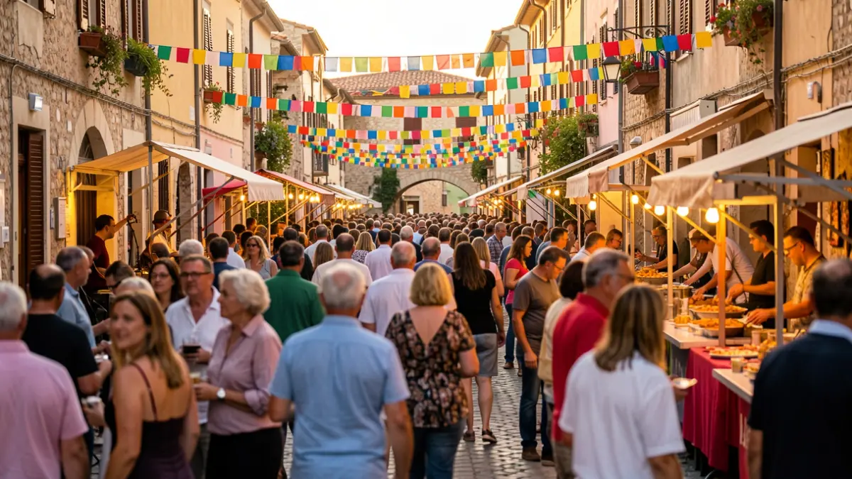 Imatge genèrica d'una festa de barri amb decoracions i gent gaudint.