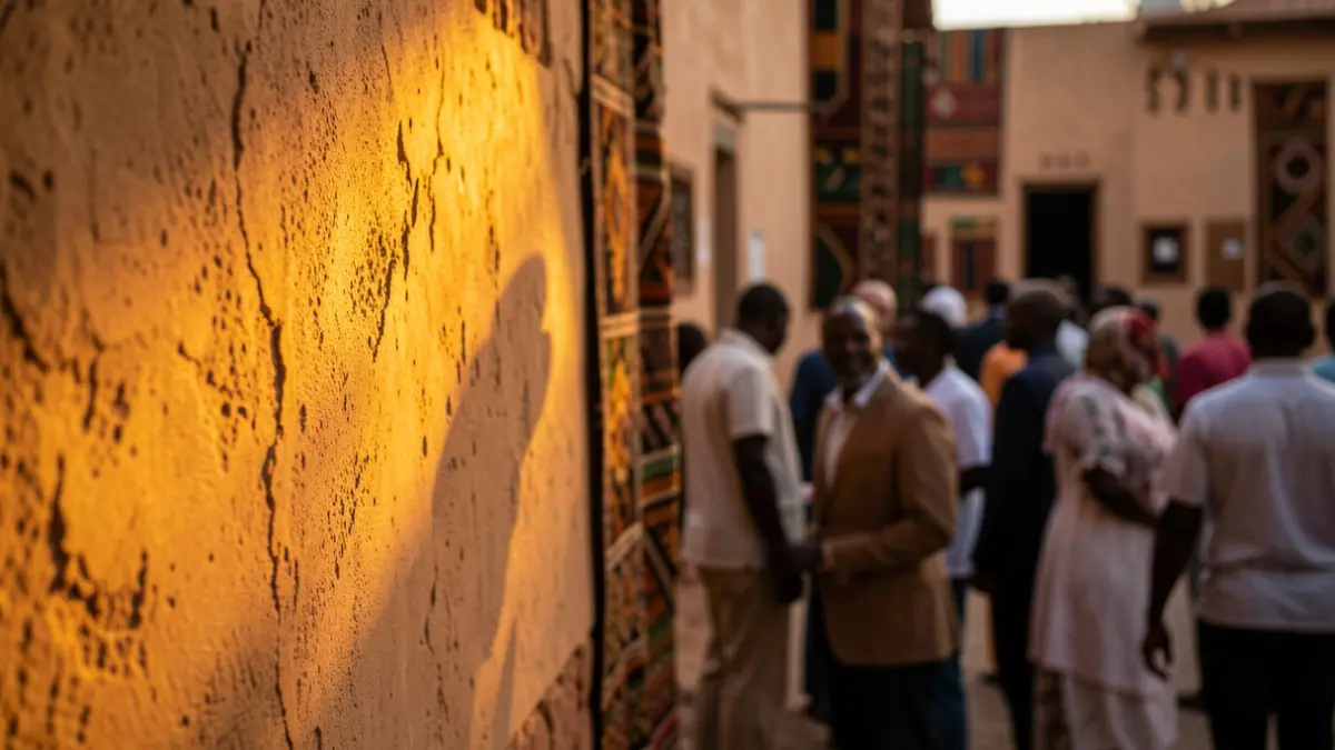 A film reel casting light onto a wall with African patterns.